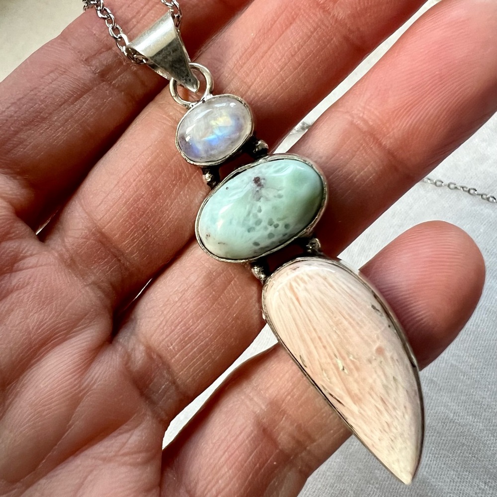925 OMG Rainbow Flash Moonstone + Larimar + Scolecite! Pendant Necklace - Picture 4 of 8